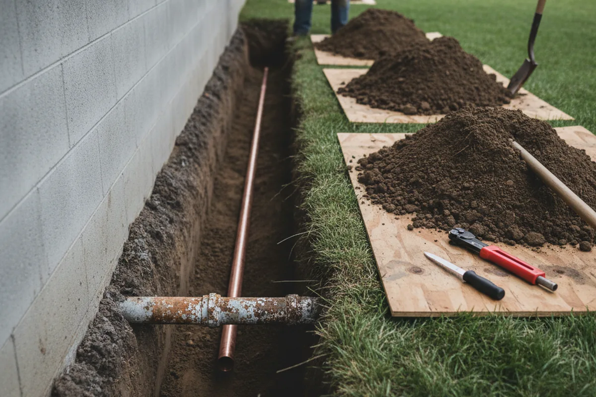 Excavated water line trench during Water Softener Installation in Conover